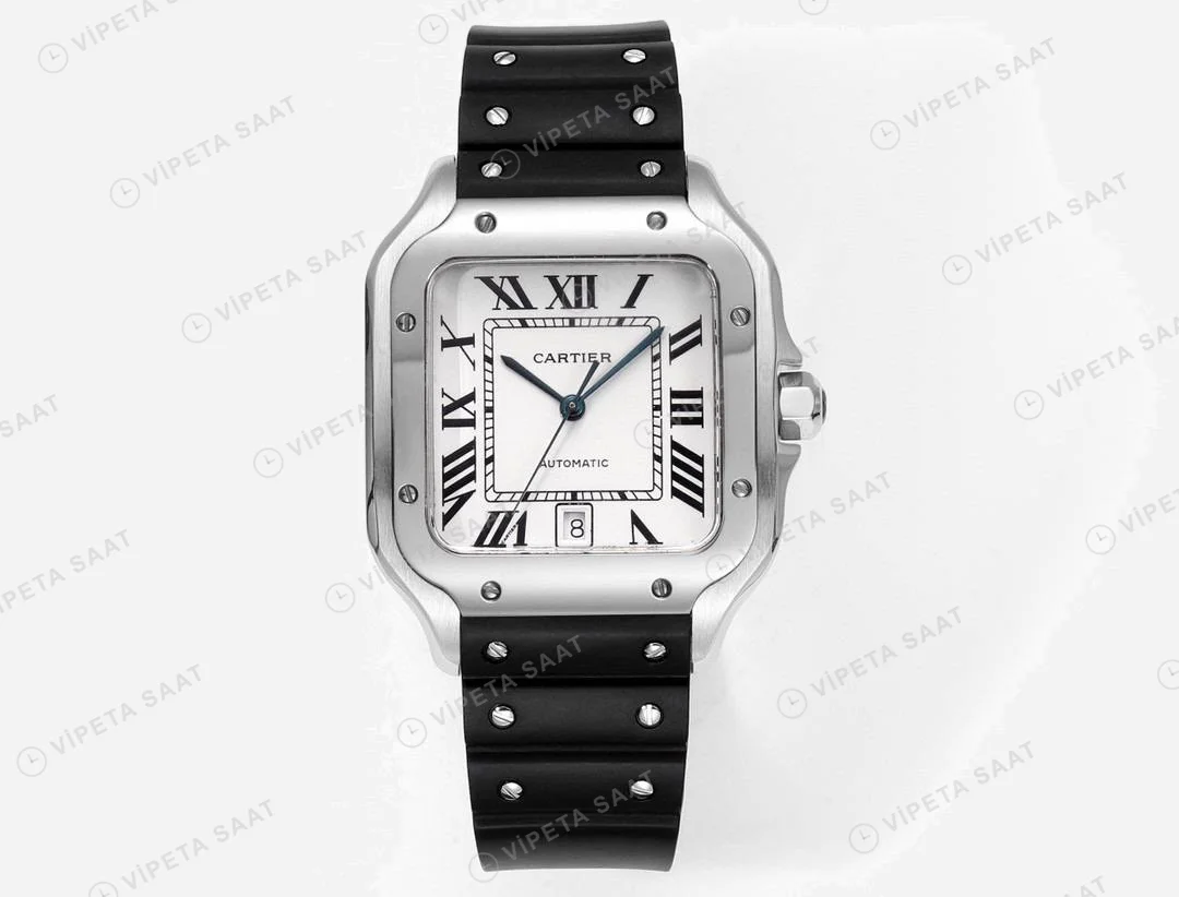 Cartier Santos De Cartier 40 mm Beyaz Kadran Silikon Kordon Super Clone ETA Saat detay 3