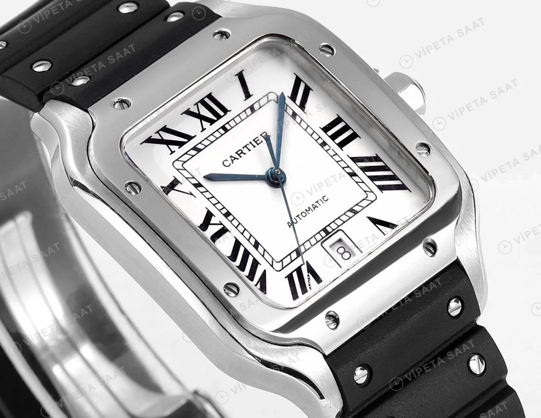 Cartier Santos De Cartier 40 mm Beyaz Kadran Silikon Kordon Super Clone ETA Saat detay 6