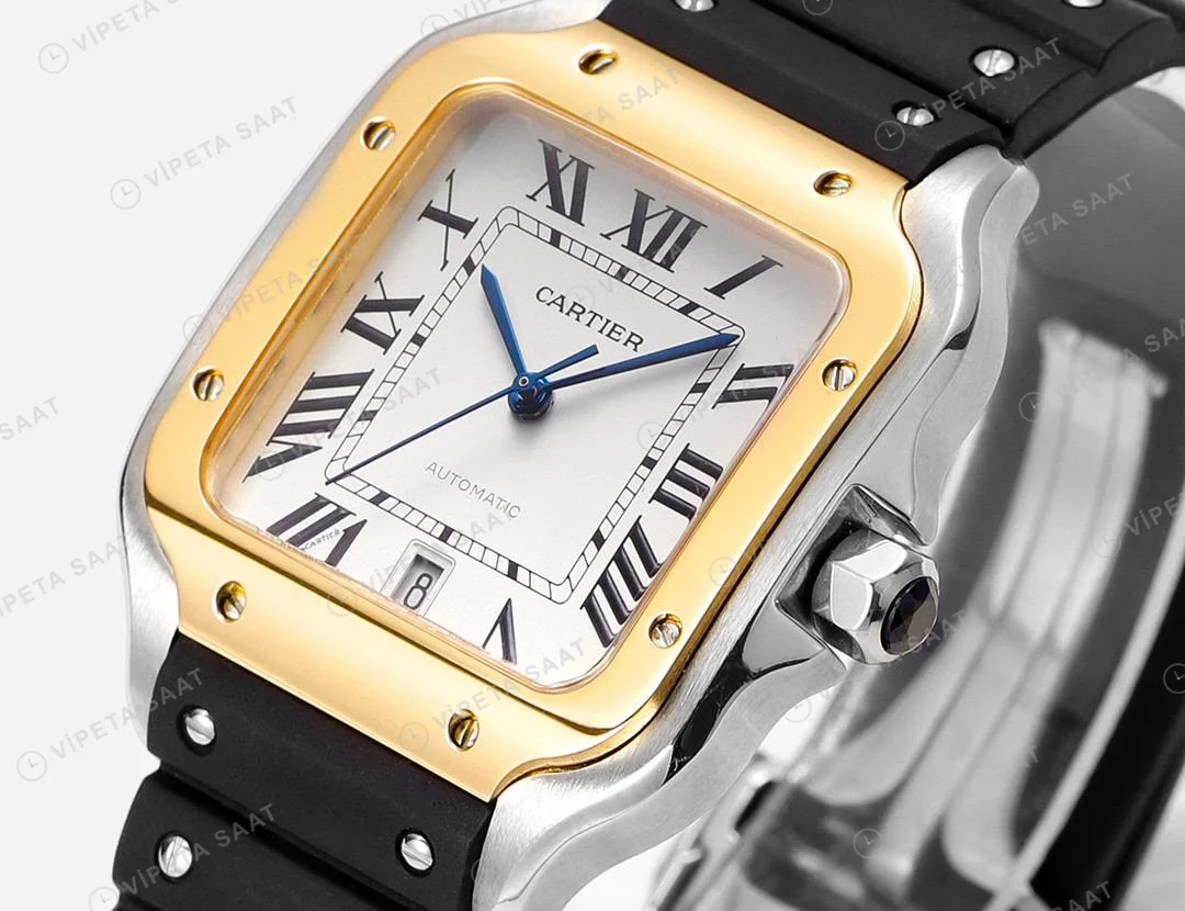 Cartier Santos De Cartier 40 mm Two Tone Silikon Kordon Super Clone ETA Saat detay 3