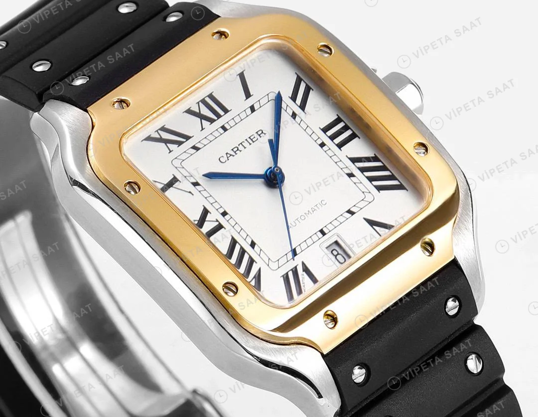 Cartier Santos De Cartier 40 mm Two Tone Silikon Kordon Super Clone ETA Saat detay 4
