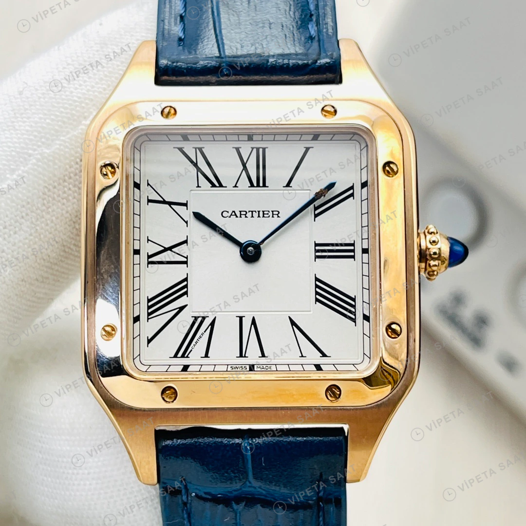 Cartier Santos-Dumont Beyaz Kadran Gold Deri Kordon Super Clone ETA Eta Saat detay 6