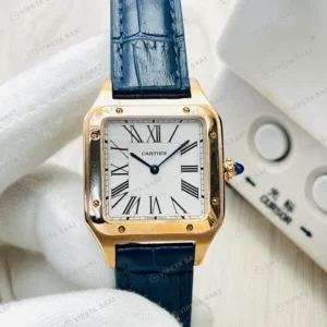 Cartier Santos-Dumont Beyaz Kadran Gold Deri Kordon Super Clone ETA Eta Saat karşıdan görünüm