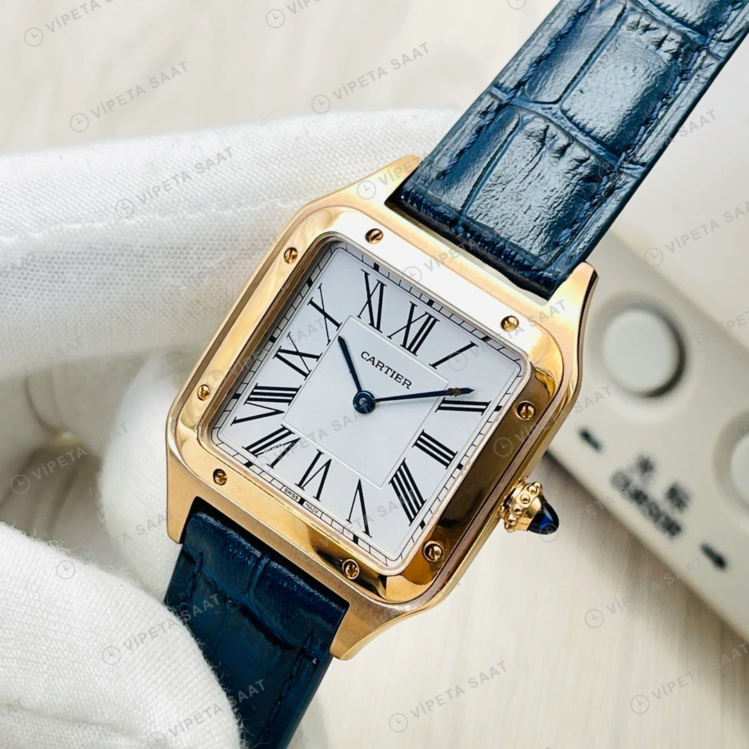 Cartier Santos-Dumont Beyaz Kadran Gold Deri Kordon Super Clone ETA Eta Saat detay 8