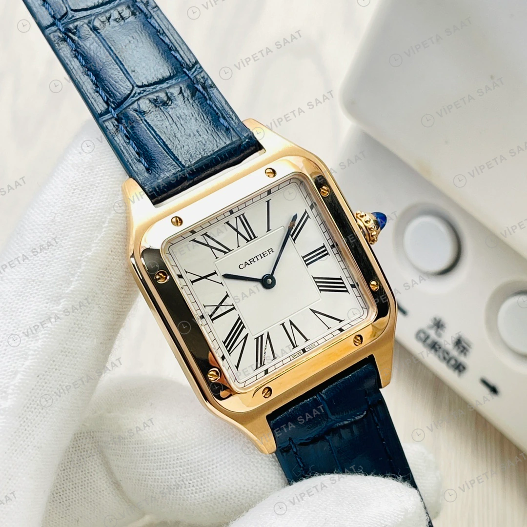 Cartier Santos-Dumont Beyaz Kadran Gold Deri Kordon Super Clone ETA Eta Saat detay 9