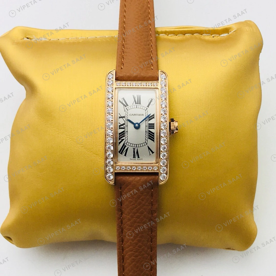 Cartier Tank Americaine Beyaz Kadran Taşlı Gold Super Clone ETA Eta Saat detay 3