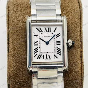 Cartier Tank Beyaz Kadran Çelik Deri Kordon Super Clone ETA Eta Saat karşıdan görünüm