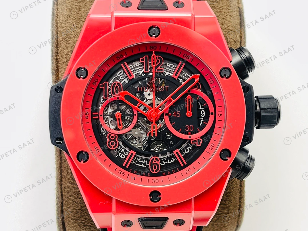 Hublot Big Bang Unico Kırmızı Seramik Skeleton Kadran Kauçuk Kordon Super Clone ETA Eta Saat detay 5