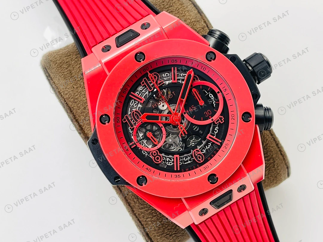 Hublot Big Bang Unico Kırmızı Seramik Skeleton Kadran Kauçuk Kordon Super Clone ETA Eta Saat detay 7