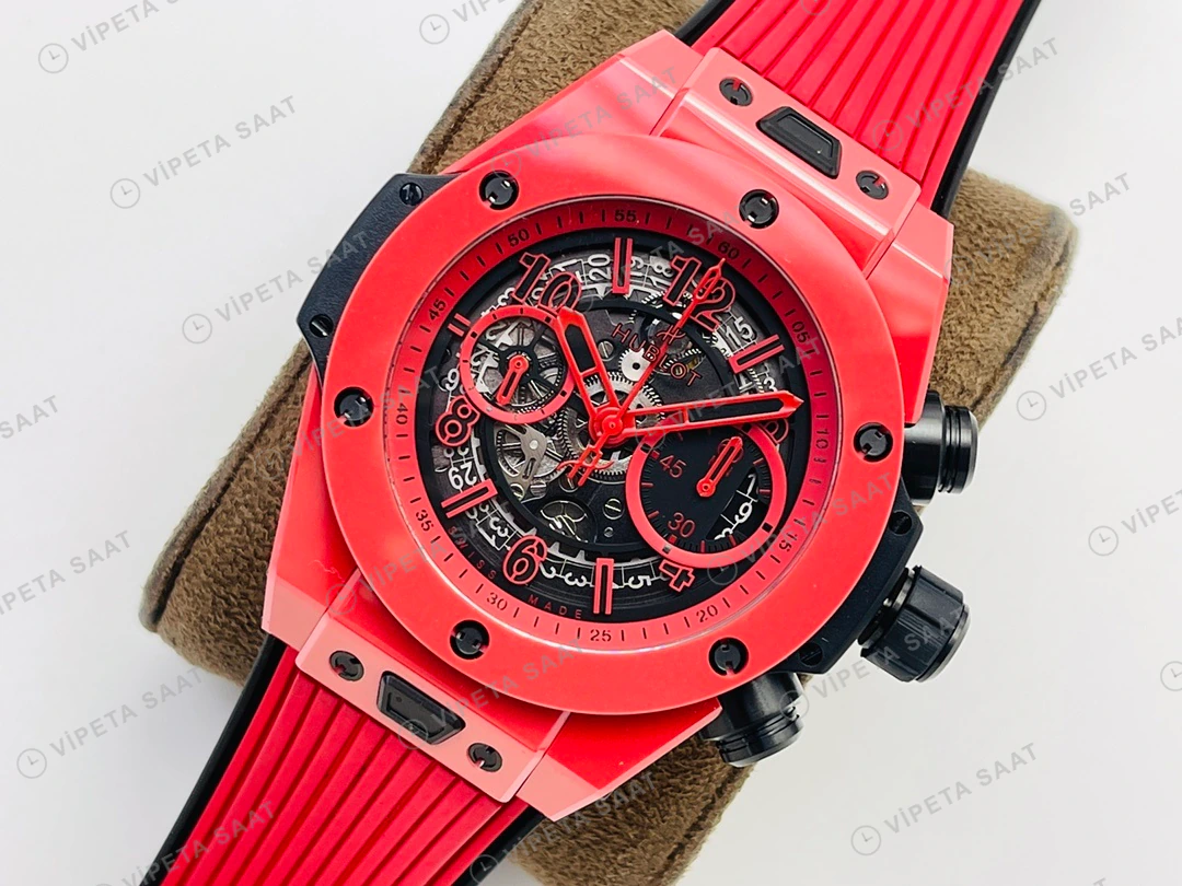 Hublot Big Bang Unico Kırmızı Seramik Skeleton Kadran Kauçuk Kordon Super Clone ETA Eta Saat detay 8