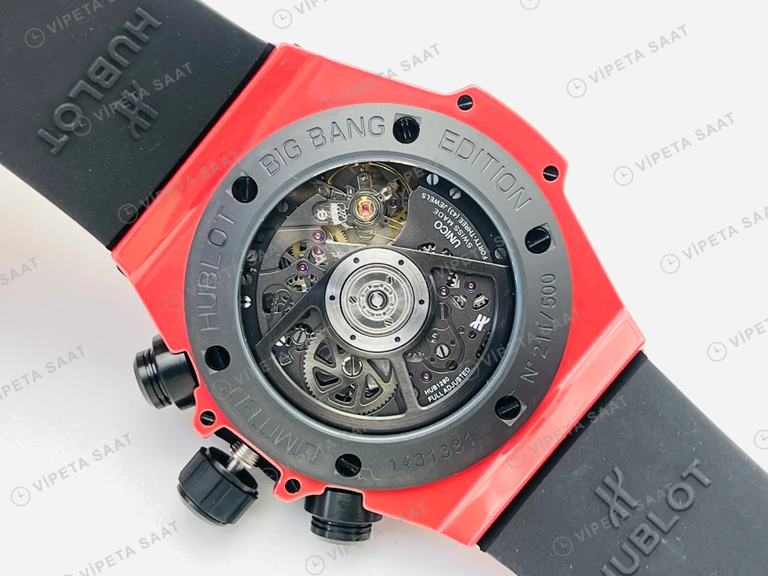 Hublot Big Bang Unico Kırmızı Seramik Skeleton Kadran Kauçuk Kordon Super Clone ETA Eta Saat detay 9