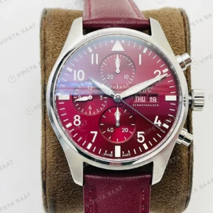 IWC Pilot Kronograf Kırmızı Kadran Çelik Deri Kordon Super Clone ETA Eta Saat karşıdan görünüm