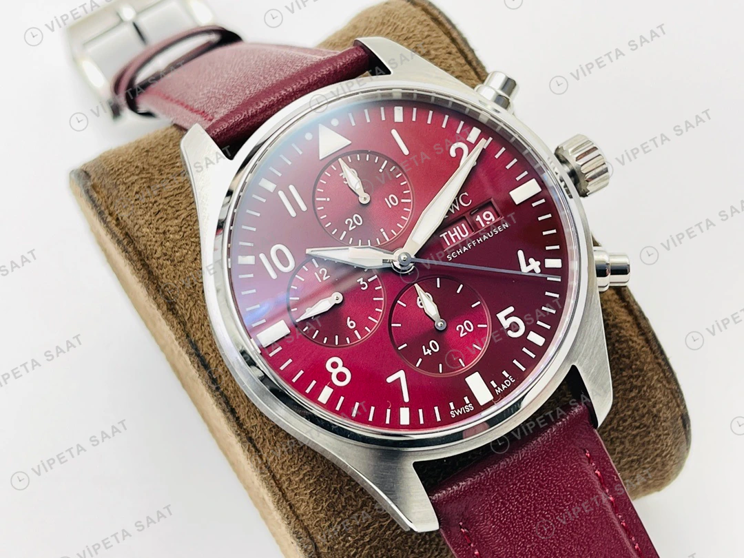 IWC Pilot Kronograf Kırmızı Kadran Çelik Deri Kordon Super Clone ETA Eta Saat detay 5