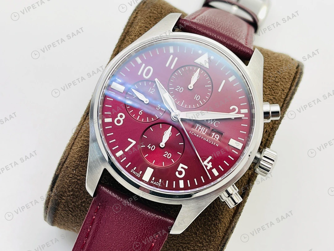 IWC Pilot Kronograf Kırmızı Kadran Çelik Deri Kordon Super Clone ETA Eta Saat detay 6