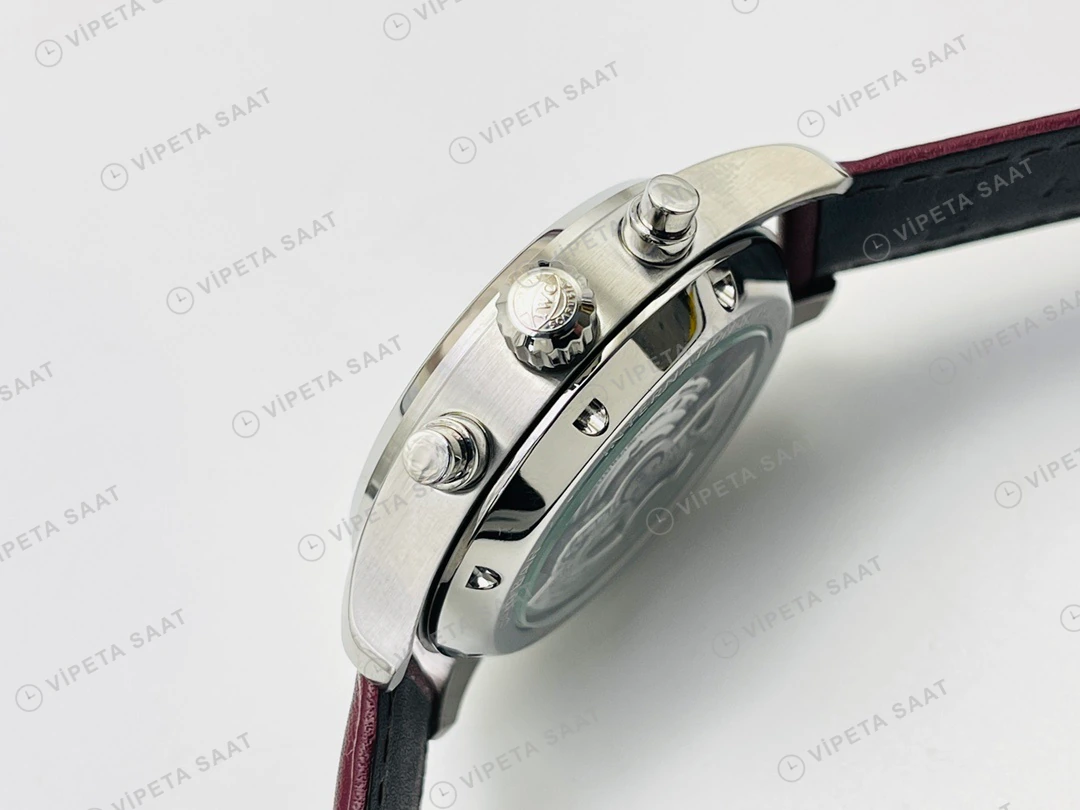 IWC Pilot Kronograf Kırmızı Kadran Çelik Deri Kordon Super Clone ETA Eta Saat detay 7