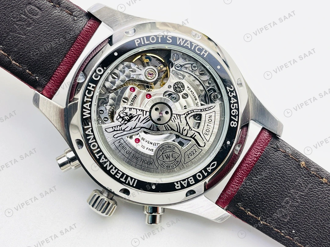 IWC Pilot Kronograf Kırmızı Kadran Çelik Deri Kordon Super Clone ETA Eta Saat detay 9