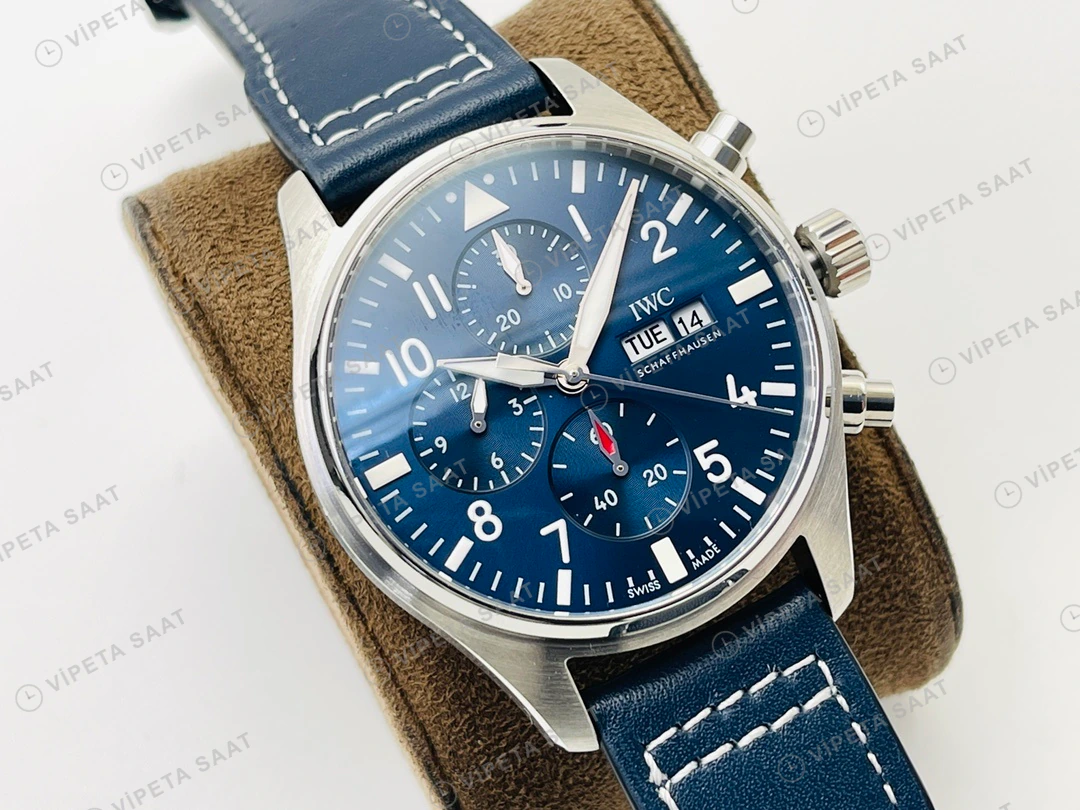 IWC Pilot Kronograf Mavi Kadran Çelik Deri Kordon Super Clone ETA Eta Saat detay 5
