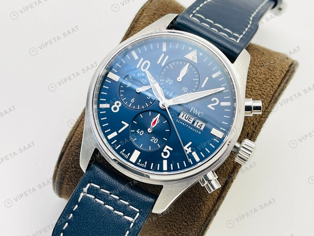 IWC Pilot Kronograf Mavi Kadran Çelik Deri Kordon Super Clone ETA Eta Saat detay 8