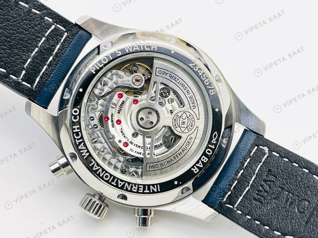 IWC Pilot Kronograf Mavi Kadran Çelik Deri Kordon Super Clone ETA Eta Saat detay 9
