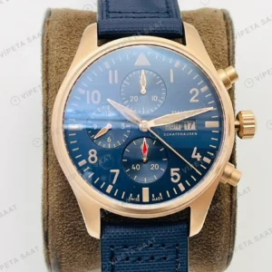 IWC Pilot Kronograf Mavi Kadran Gold Deri Kordon Super Clone ETA Eta Saat karşıdan görünüm