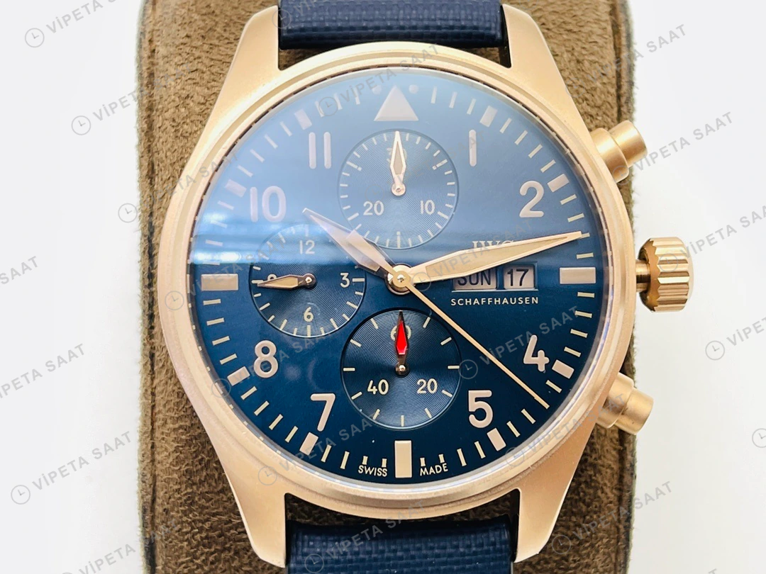 IWC Pilot Kronograf Mavi Kadran Gold Deri Kordon Super Clone ETA Eta Saat yan görünüm