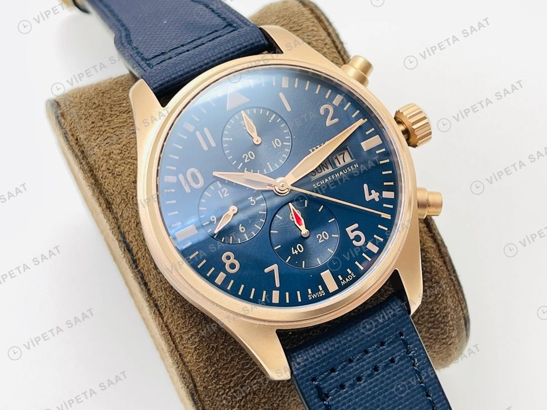 IWC Pilot Kronograf Mavi Kadran Gold Deri Kordon Super Clone ETA Eta Saat detay 5