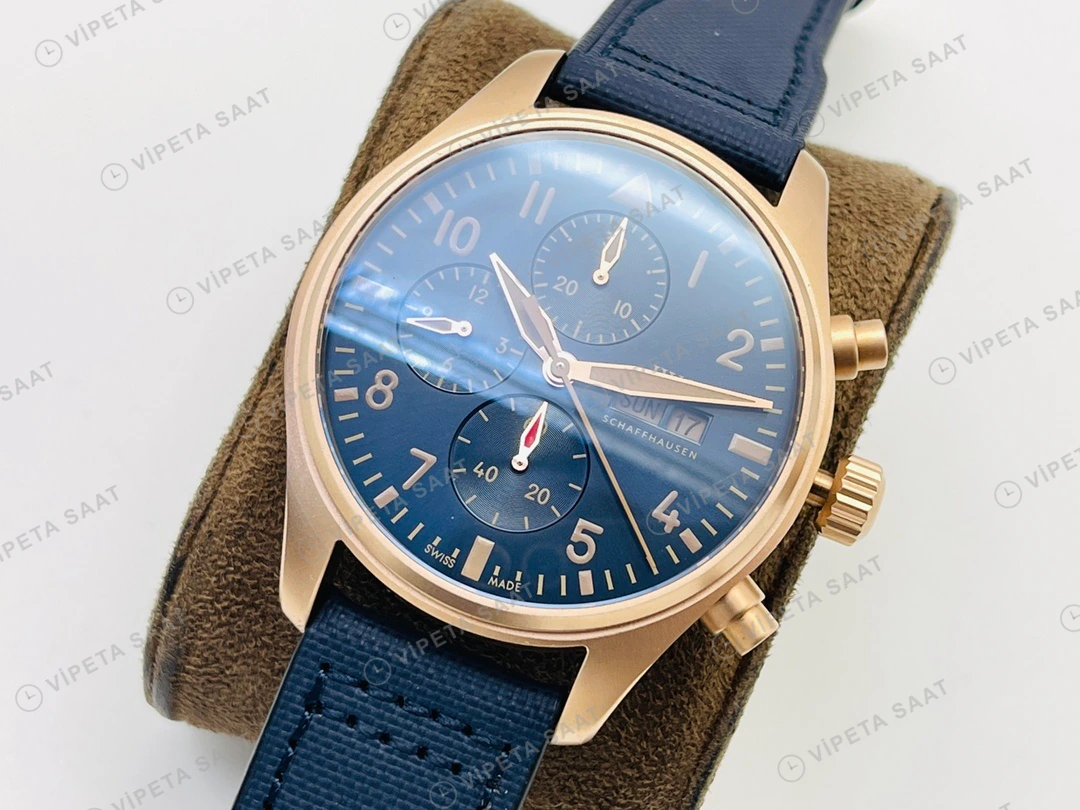 IWC Pilot Kronograf Mavi Kadran Gold Deri Kordon Super Clone ETA Eta Saat detay 8