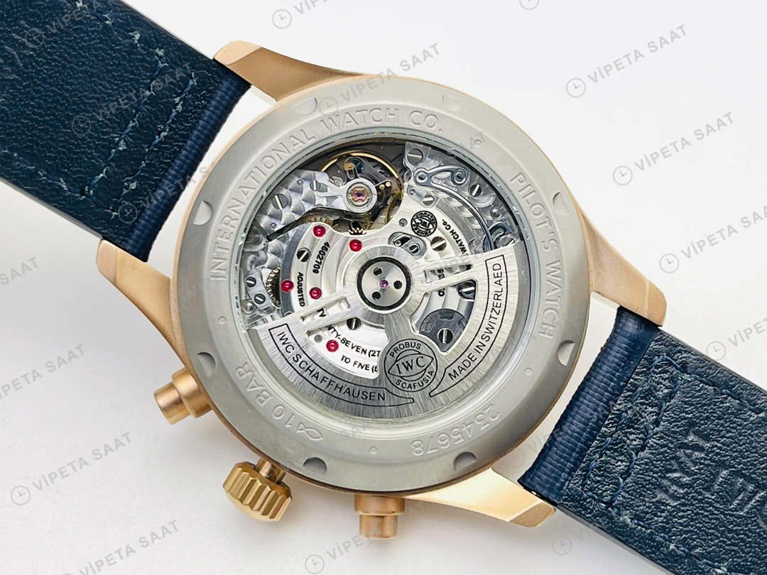 IWC Pilot Kronograf Mavi Kadran Gold Deri Kordon Super Clone ETA Eta Saat detay 9