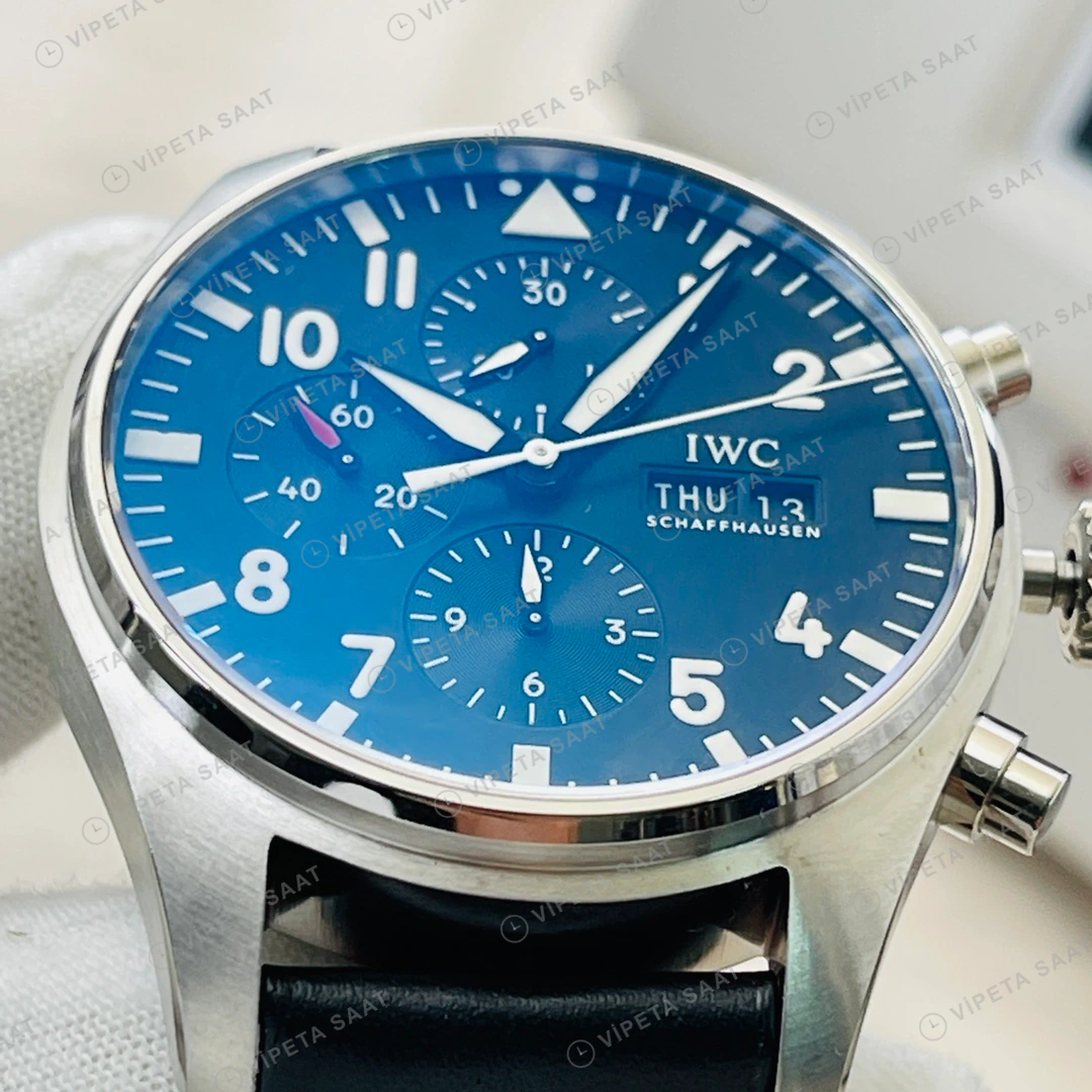 IWC Pilot Kronograf Siyah Kadran Çelik 43mm Super Clone ETA Eta Saat detay 5