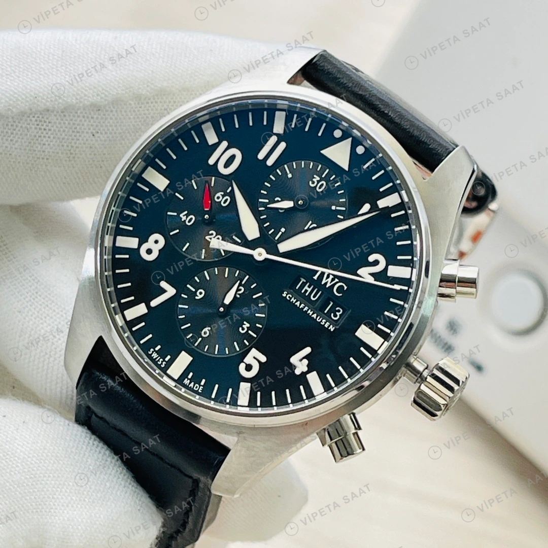 IWC Pilot Kronograf Siyah Kadran Çelik 43mm Super Clone ETA Eta Saat detay 7