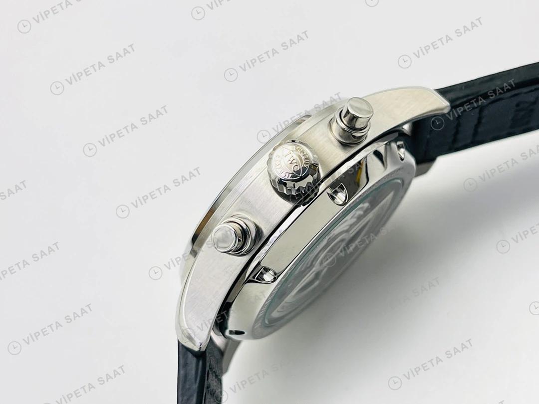IWC Pilot Kronograf Siyah Kadran Çelik Deri Kordon Super Clone ETA Eta Saat detay 4