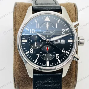 IWC Pilot Kronograf Siyah Kadran Çelik Deri Kordon Super Clone ETA Eta Saat karşıdan görünüm