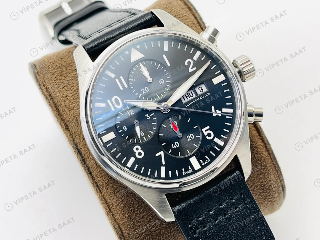 IWC Pilot Kronograf Siyah Kadran Çelik Deri Kordon Super Clone ETA Eta Saat detay 5