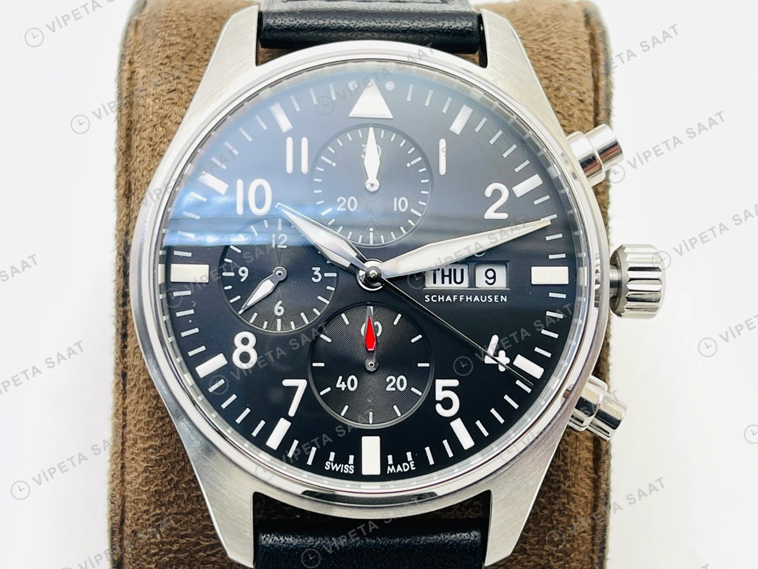 IWC Pilot Kronograf Siyah Kadran Çelik Deri Kordon Super Clone ETA Eta Saat detay 6