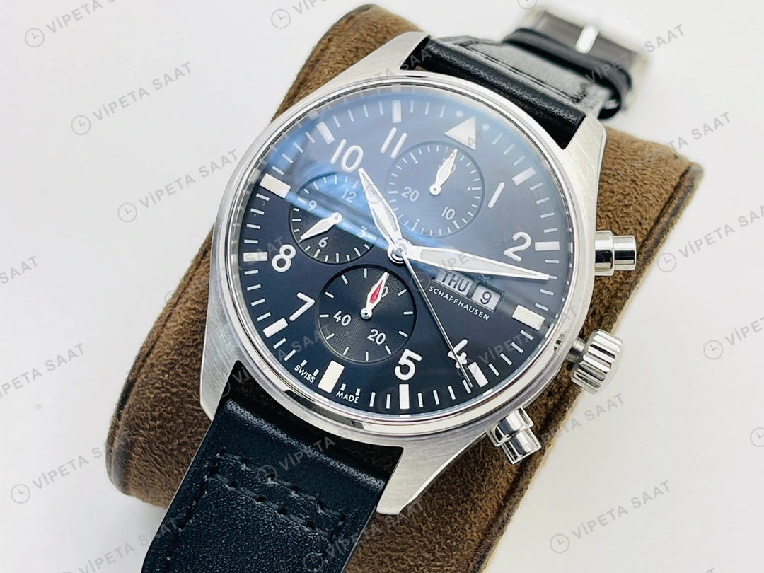 IWC Pilot Kronograf Siyah Kadran Çelik Deri Kordon Super Clone ETA Eta Saat detay 8