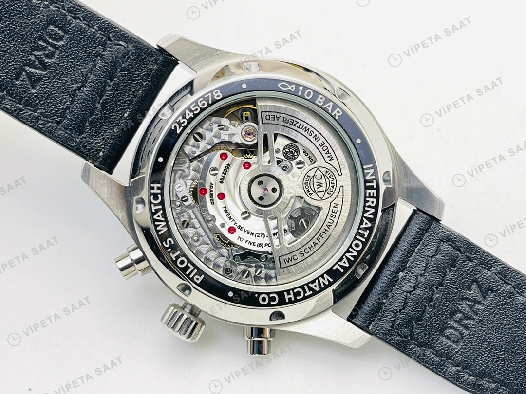 IWC Pilot Kronograf Siyah Kadran Çelik Deri Kordon Super Clone ETA Eta Saat detay 9