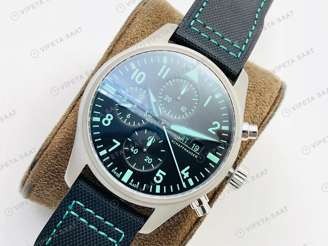 IWC Pilot Kronograf Siyah Kadran Çelik Kordon Super Clone ETA Eta Saat detay 8