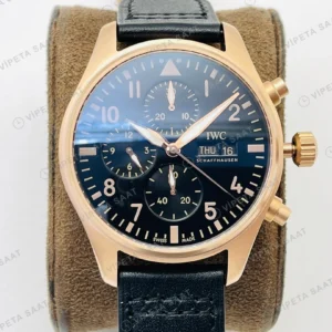 IWC Pilot Kronograf Siyah Kadran Gold Deri Kordon Super Clone ETA Eta Saat karşıdan görünüm