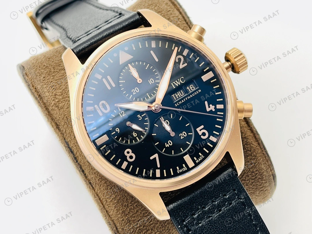IWC Pilot Kronograf Siyah Kadran Gold Deri Kordon Super Clone ETA Eta Saat detay 6
