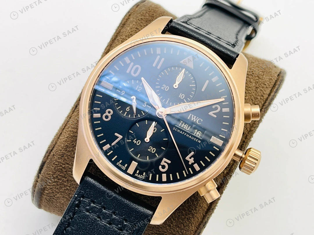 IWC Pilot Kronograf Siyah Kadran Gold Deri Kordon Super Clone ETA Eta Saat detay 8
