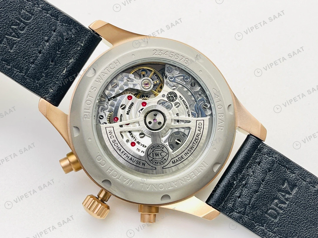 IWC Pilot Kronograf Siyah Kadran Gold Deri Kordon Super Clone ETA Eta Saat detay 9