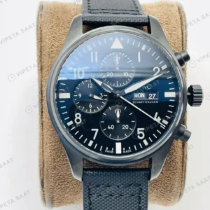 IWC Pilot Kronograf Siyah Kadran Seramik Deri Kordon Super Clone ETA Eta Saat karşıdan görünüm