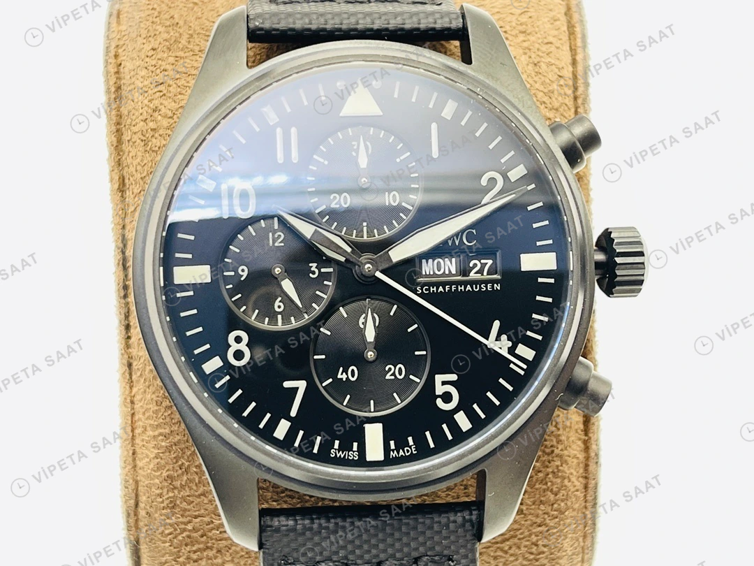 IWC Pilot Kronograf Siyah Kadran Seramik Deri Kordon Super Clone ETA Eta Saat detay 6