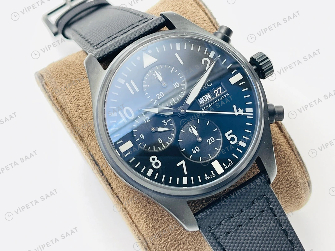 IWC Pilot Kronograf Siyah Kadran Seramik Deri Kordon Super Clone ETA Eta Saat detay 7