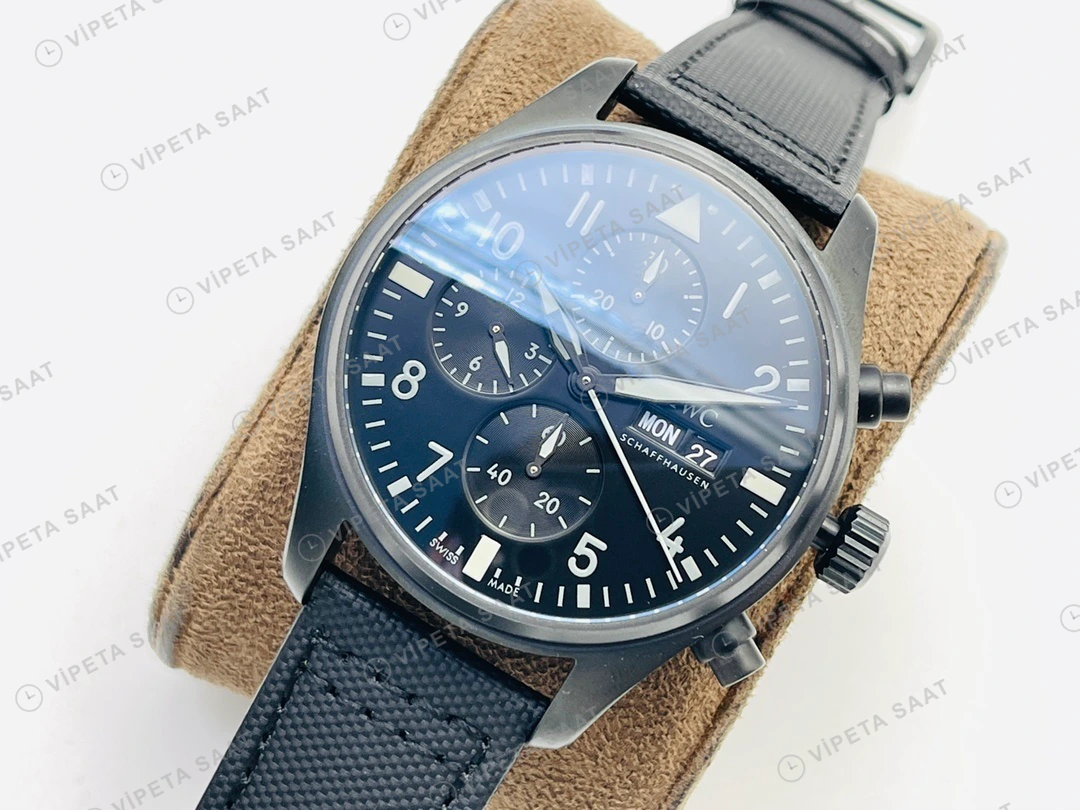 IWC Pilot Kronograf Siyah Kadran Seramik Deri Kordon Super Clone ETA Eta Saat detay 8
