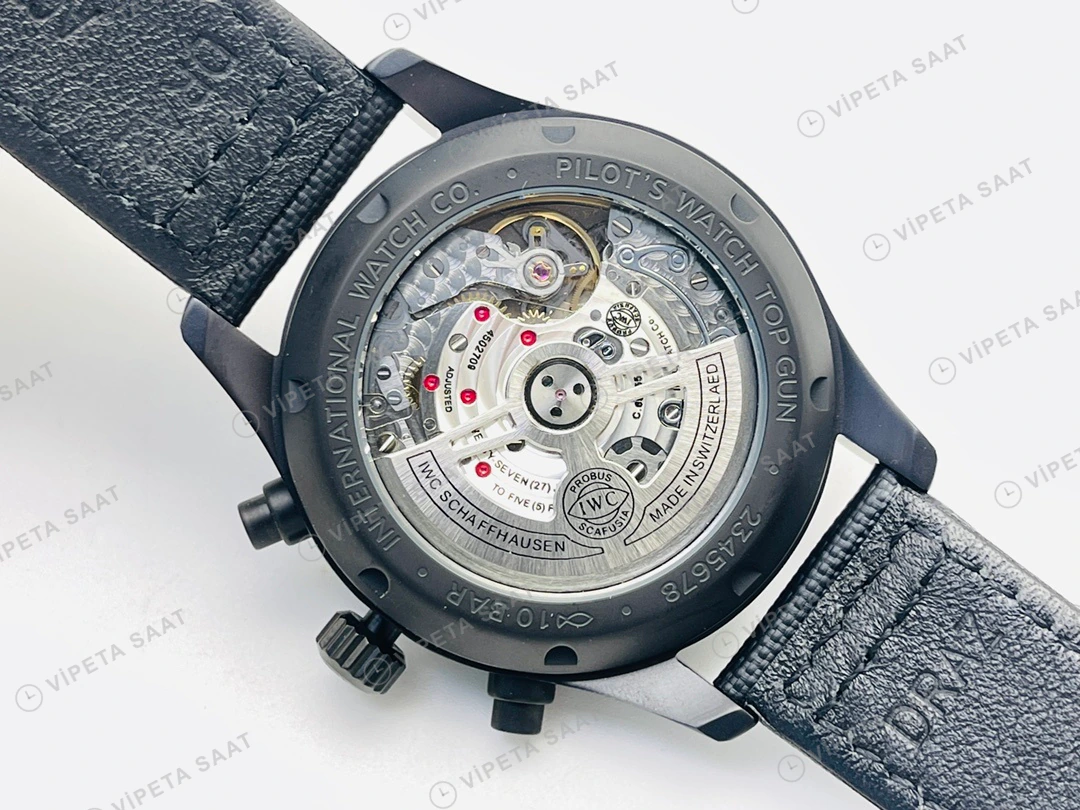 IWC Pilot Kronograf Siyah Kadran Seramik Deri Kordon Super Clone ETA Eta Saat detay 9