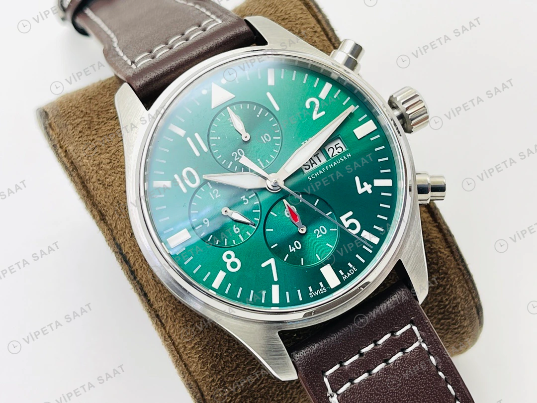 IWC Pilot Kronograf Yeşil Kadran Çelik Deri Kordon Super Clone ETA Eta Saat detay 6