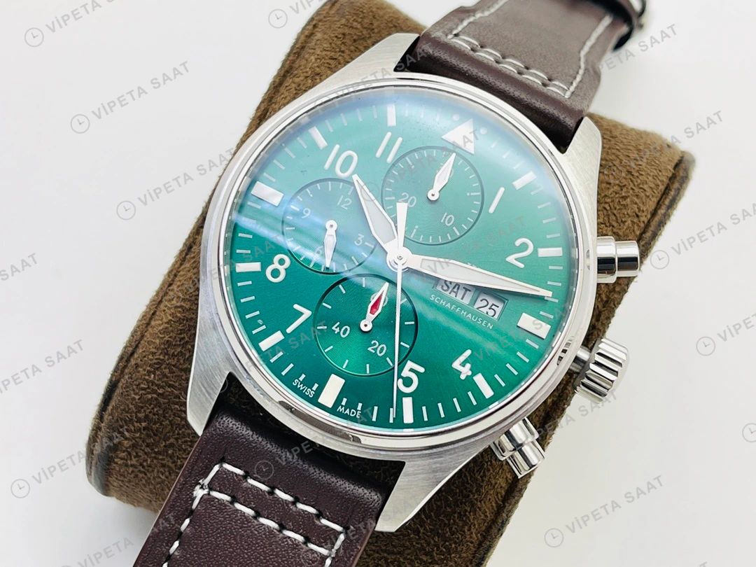 IWC Pilot Kronograf Yeşil Kadran Çelik Deri Kordon Super Clone ETA Eta Saat detay 7