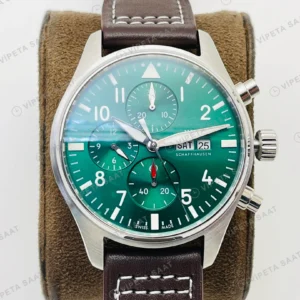 IWC Pilot Kronograf Yeşil Kadran Çelik Deri Kordon Super Clone ETA Eta Saat karşıdan görünüm