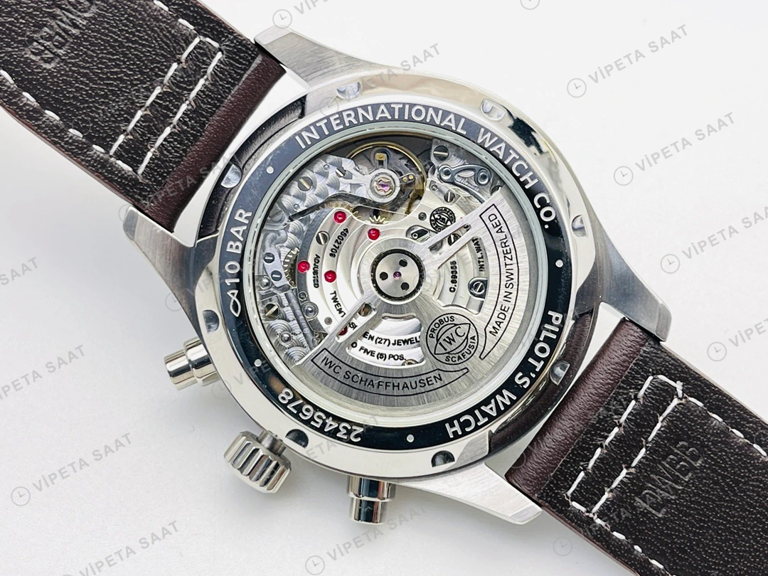 IWC Pilot Kronograf Yeşil Kadran Çelik Deri Kordon Super Clone ETA Eta Saat detay 9
