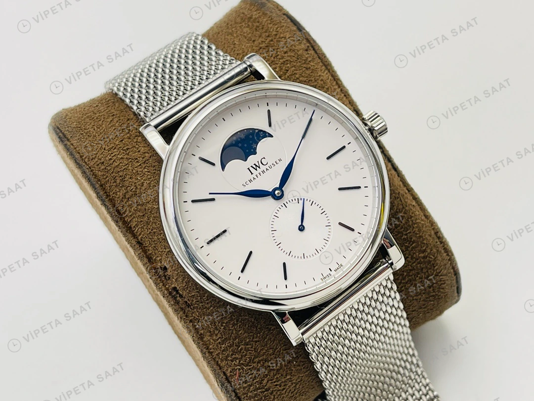 IWC Portofino Moonphase Beyaz Kadran Çelik Super Clone ETA Eta Saat detay 6
